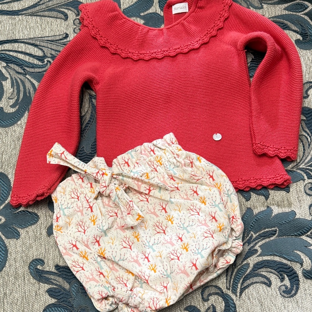 Red Knit Top and Floral Diaper Cover Set